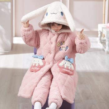 2023新款兒童睡衣女孩冬季珊瑚絨三層夾棉加厚女童睡袍中大童長款