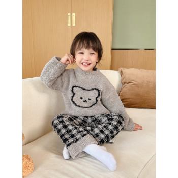 半邊絨睡衣男童冬季2023新款兒童珊瑚絨家居服男孩加絨加厚軟綿綿