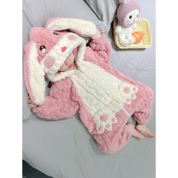 兒童連體睡衣冬季珊瑚絨秋冬可愛動物兔爬服寶寶法蘭絨女童家居服