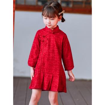 春秋季長袖紅色禮服蕾絲兒童旗袍