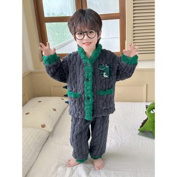 男童法蘭絨睡衣秋冬款加絨加厚兒童卡通恐龍珊瑚絨男孩保暖家居服