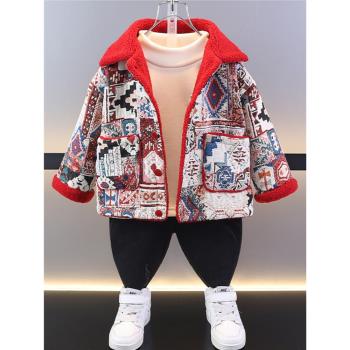 男童新年外套中國風2024龍年衣服小童紅色冬季兒童加絨加厚拜年服
