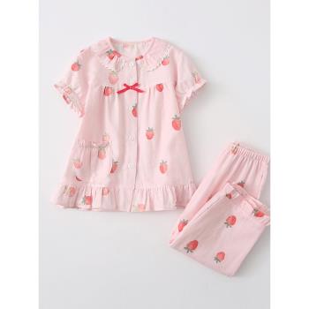 夏季全棉紗布女童短袖中褲睡衣套裝可愛圓領兒童棉紗女孩家居服