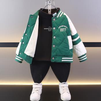 男童加絨夾棉棒球服冬季2023新款小童棉服男寶冬裝潮兒童外套加厚