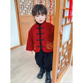 男童拜年服冬季龍年2023新款兒童夾棉加厚唐裝套裝寶寶新年衣服紅