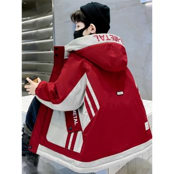 男童加絨棉服外套2023新款紅色本命年兒童風衣加厚中大童加厚棉衣