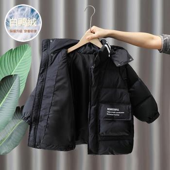 兒童黑色羽絨服2023新款冬季男童中長款加厚外套寶寶90白鴨絨冬裝