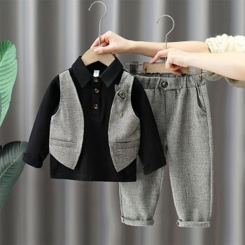 男童春秋套裝兒童拼接假兩件襯衫男孩英倫風西服洋氣禮服兩件套潮