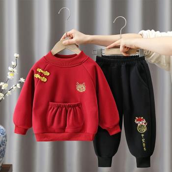 兒童拜年服紅色衛衣套裝寶寶冬季加絨周歲禮服男童中國風冬裝套裝