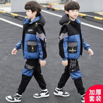 兒童裝男童秋冬裝套裝2025新款冬季加絨加厚中大童馬甲衛衣三件套
