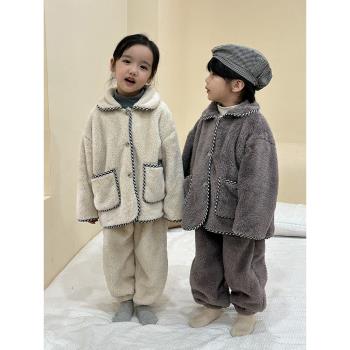 兒童法蘭絨睡衣男童秋冬季寶寶加厚加絨套裝小孩女童珊瑚絨家居服