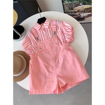 品牌童裝夏季女中大童甜酷風條紋小翻領泡泡袖襯衫背帶褲兩件套裝