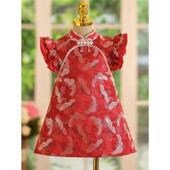 中式女童2024新款禮服女寶寶國風紅色嬰兒抓周旗袍唐裝洋氣夏