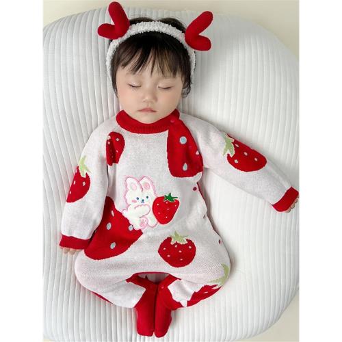 嬰兒連體衣秋冬款滿月超萌針織衫爬服寶寶毛衣保暖加厚哈衣外出服