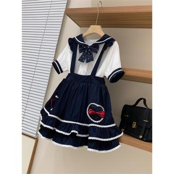 品牌童裝夏女中大童泡泡袖領結短袖襯衫背帶蓬蓬裙JK蘿莉兩件套裝