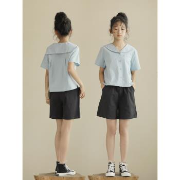 女孩學院風大童夏裝寬松短袖襯衫