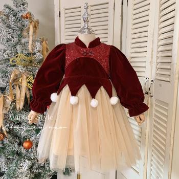 女童連衣裙冬款兒童洋氣聖誕節公主裙小女孩中國風加絨紅色禮服裙