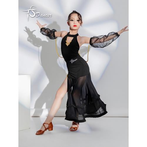 拉丁舞服女童夏季練功服國標專業比賽服珍珠高級感演出服摩登舞服