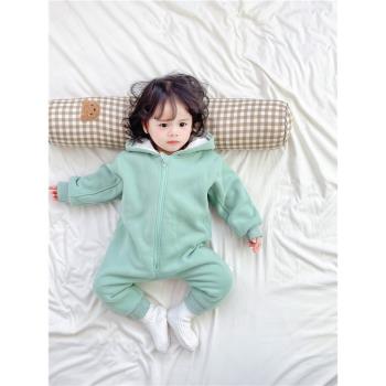 ins嬰兒冬季厚款衣服 女寶寶洋氣加絨爬服可愛超萌拉鏈連體衣
