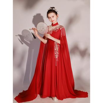 高階新款兒童演出服民樂彈古箏表演服大童中國風旗袍女童禮服紅色