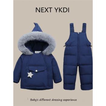 英國NEXT冬款兒童羽絨服套裝男女寶寶高階嬰兒背帶褲子上衣兩件套