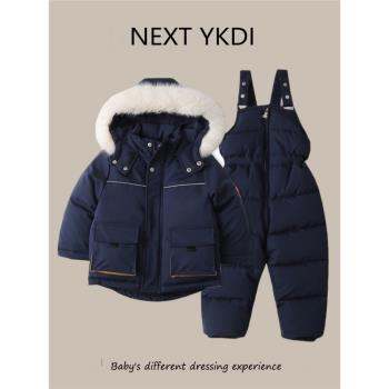 英國NEXT冬季兒童羽絨服套裝防水滑雪服男女寶寶背帶褲上衣兩件厚