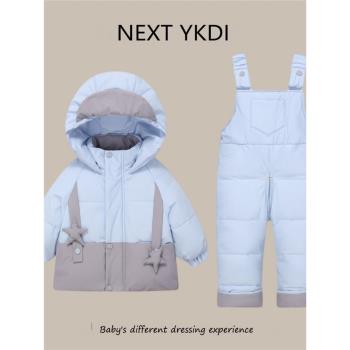 英國NEXT冬季嬰兒羽絨服套裝百天周歲男女寶寶背帶褲上衣保暖兩件