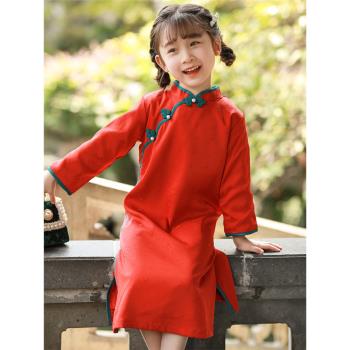 紅色禮服中式春秋款古風兒童旗袍