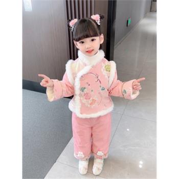 高階女童唐裝加厚套裝漢服兒童中國風新年拜年服寶寶加絨周歲禮服
