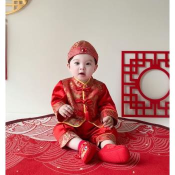 中國風寶寶周歲禮服1男女童周歲宴抓周百天紅色2嬰兒套裝唐裝漢服