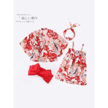 中國風女童和服仙鶴寶寶純棉春夏日式寫真套裝出遊4件套演出服