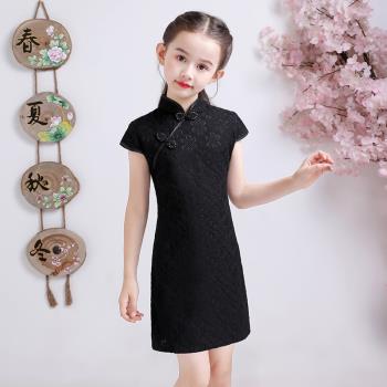 女童旗袍黑色蕾絲夏季改良2022新款復古女大童演出兒童連衣裙中童