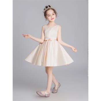 兒童晚禮服公主裙女童緞面短款紅色花童裝鋼琴合唱團演出服主持人