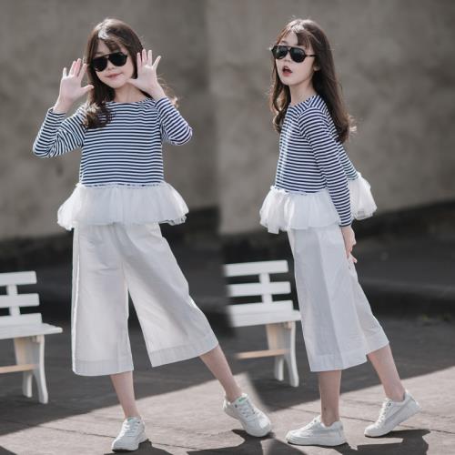 女童T恤春秋長袖純棉2025新洋氣網紅親子裝韓版中大童條紋打底衫