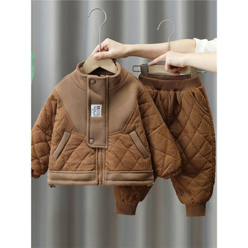 男童加絨套裝秋冬款2025新款洋氣男孩酷帥寶寶一體絨兒童運動服潮