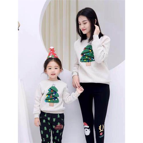 圣誕親子裝灰色圣誕樹兒童衣服寶寶童裝炸街母女裝家庭裝加絨衛衣