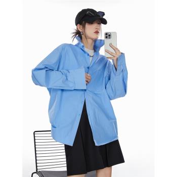 ICH MODE 純色寬松復古休閑白色襯衫女美式街頭慵懶秋季長袖外套