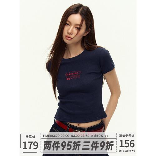 101PASSION 藏青色印花短袖t恤女夏季新款辣妹修身正肩短款上衣潮