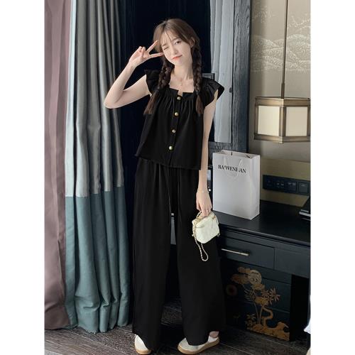 黑色棉麻套裝女夏季2026新款炸街時尚洋氣小飛袖上衣闊腿褲兩件套