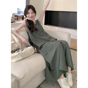 綠色格子無袖上衣闊腿褲套裝女夏季時尚減齡休閑慵懶風裙褲兩件套