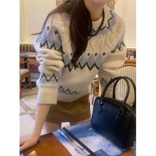 復古提花撞色毛衣女2024秋冬新款圓領加厚保暖慵懶設計感針織上衣