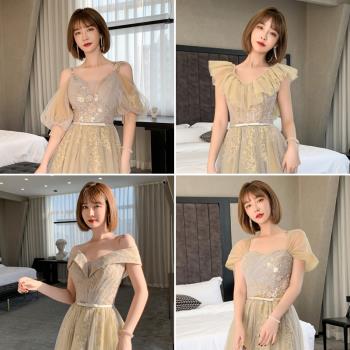 香檳色伴娘服2024新款夏季仙氣質長款顯瘦姐妹團禮服裙女簡約大氣
