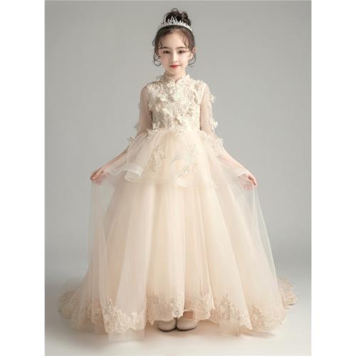 女孩高端晚禮服兒 童花童婚紗拖尾裙走秀模特禮服裙鋼琴主持演出