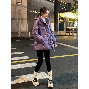 紫色短款連帽小個子外套羽絨服