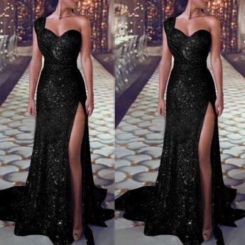 sexy party evening dress 女裝性感單肩無袖燙金禮服開叉長裙