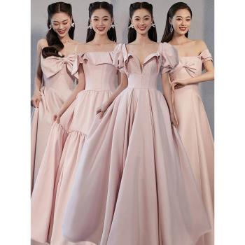 姐妹團粉色冬季禮服裙小眾緞面