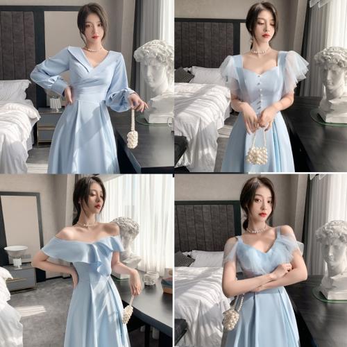 藍色緞面伴娘服2026新款夏季長袖姐妹團禮服顯瘦高級感小眾禮服裙