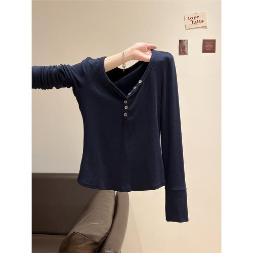 藏藍色半開領打底衫女早春季新款設計感亨利衫V領正肩長袖t恤上衣