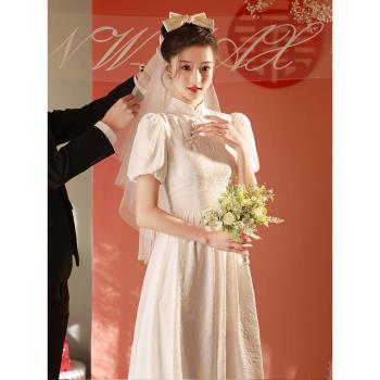 旗袍晚禮服女2023新款冬季小個子高階感白色中式訂婚禮服平時可穿