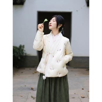 國風短款米白色斜襟V領羽絨服